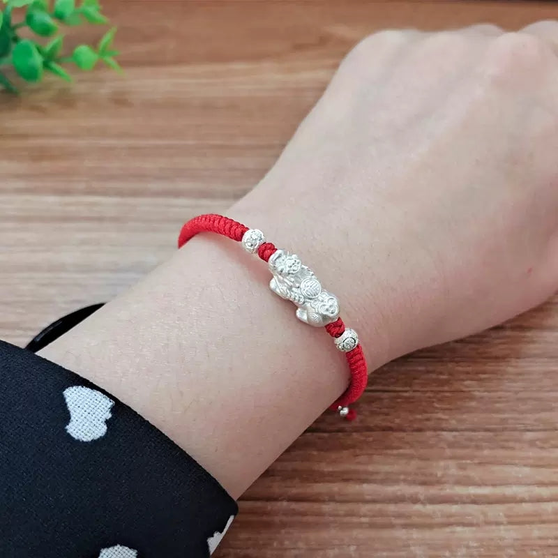 Red String Silver Pixiu Bracelet - Attract Windfall Luck